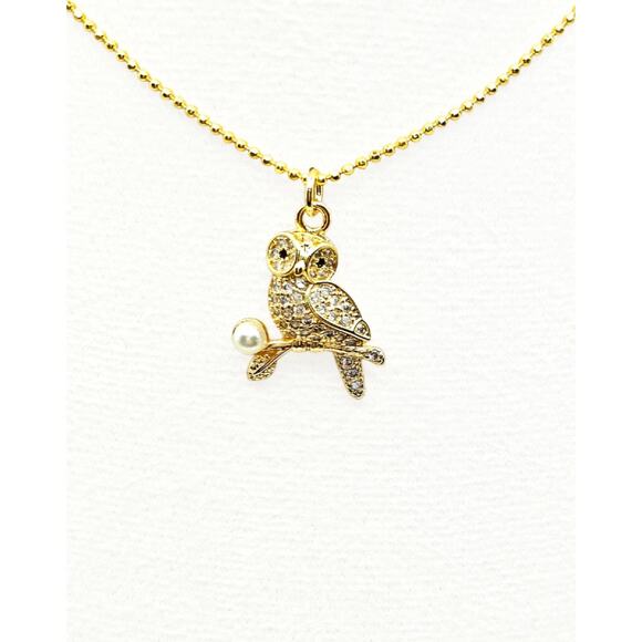 Owl Necklace Pendant CZ Pearl Accent Dainty Gold Plated Adjustable Chain Animal - Picture 1 of 8